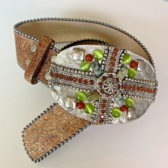Leatherock 7563 Genuine Leather Belt w/ Gemstone Studded Buckle Boho Western 34M - Picture 1 of 11